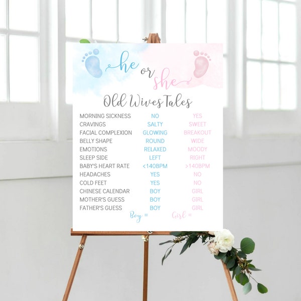 Old wives tale for gender reveal, Baby footprint reveal game, Footprint Girl or Boy gender reveal, Mom to be Old Wives Tale Printable Sign