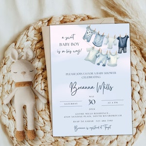 Blaue Wäscheleine-Babyparty-Einladungsvorlage (Canva Template)