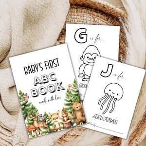 Livro de colorir ABC, animais da floresta, livro de visitas alternativo divertido, primeiro livro do alfabeto, primeiro livro do alfabeto para impressão do bebê, jogo ABC para chá de bebê