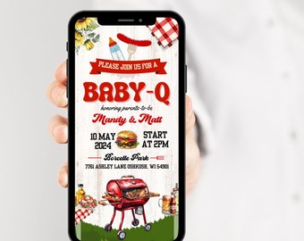 Bewerkbare Baby-Q-uitnodiging: geruite barbecue in de achtertuin, babystrooisel voor stellen (digitale evite)