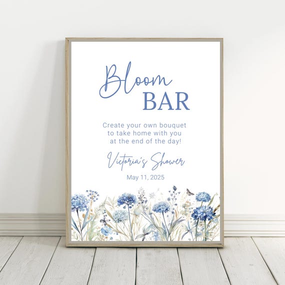 Editable Bloom Bar Sign: Blue Wildflower Baby Shower, Birthday (Digital Download)