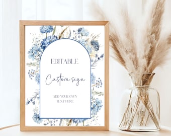 Stoffig blauw bordje wilde bloemen babyshower, bewerkbare sjabloon (5 x 7, 8 x 10) (digitale download)