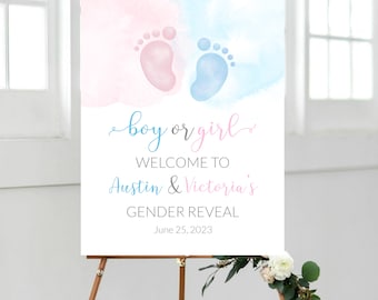 Printable Footprint Gender Reveal welcome sign, blue and pink, Footprint boy or girl he or she, Baby shower, Gender Reveal Poster, Printable