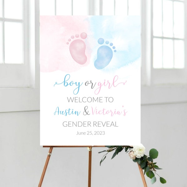 Printable Footprint Gender Reveal welcome sign, blue and pink, Footprint boy or girl he or she, Baby shower, Gender Reveal Poster, Printable