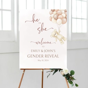 Gender reveal welcome sign teddy bear, printable neutral bear, Bear he or she, Baby shower, Gender Reveal Poster, Gender Neutral Party