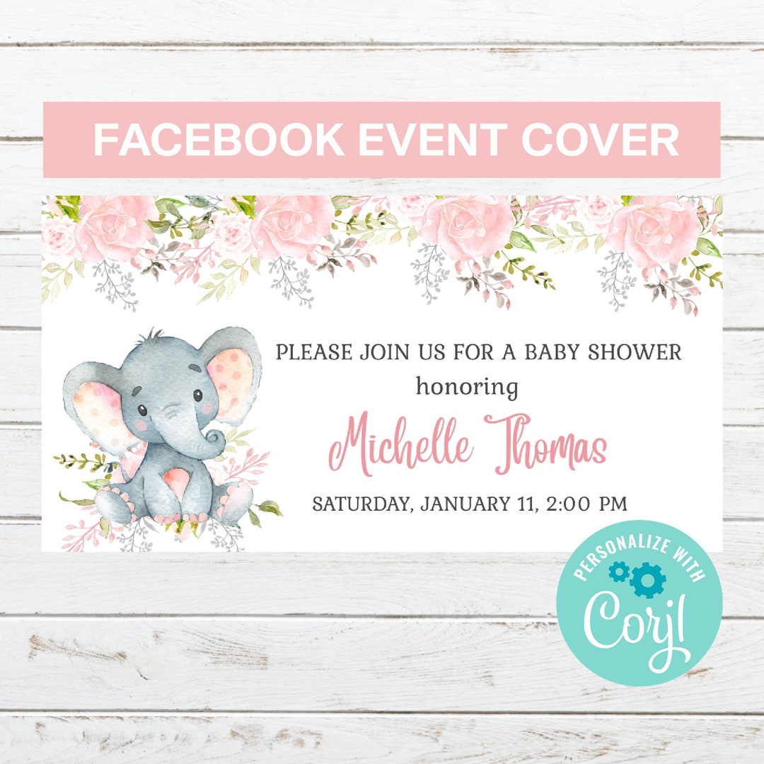 EDITABLE Baby Shower Facebook Event Cover Photo Pink Elephant Baby Shower Facebook Event Header