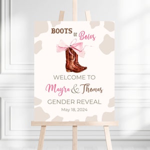 Boots or bows gender reveal welcome sign, Printable bows boots gender reveal digital sign, he or she, boy or girl Gender Reveal Poster