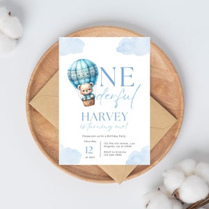 Teddy Bear Hot Air Balloon 1st Birthday Invitation (Editable Canva)