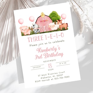 May include: Pink and white farm-themed birthday invitation with a red barn, animals, and balloons. The text reads "Three I-E-I-O Please join us to celebrate Kimberly's 3rd Birthday Saturday November 18 2024 at 4 PM 37 West Riverview Court Alabaster, AL 35007 RSVP Hannah at 823-156-7880"