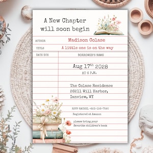May include: A rectangular invitation card designed like a vintage library checkout card with red horizontal lines. It features text reading A New Chapter will soon begin, Madison Colase, A little one is on the way, Aug 17th 2028, and address details.