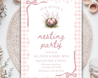 May include: A rectangular invitation card with a pink and white gingham border and a scalloped white center. The text reads: JOIN US FOR A nesting party HONORING ALLISON & BABY MYA August 30, 2026 | at 11.00 am 498 Valley View Drive Huntington, NY 11743 RSVP Reyna + 823-416-7290. A bird nest with three pink eggs is centered above the text, and pink ribbons decorate the top left and bottom right corners.