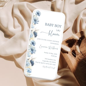 Modèle d'invitation bébé garçon en fleurs bleu poussiéreux, baby shower Evite, bleu, modèle modifiable de carte de message texte bébé en fleurs, Canva