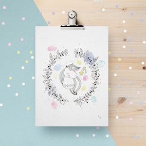 Affiche aquarelle animaux pour enfants - Carte décorative - Illustration aquarelle - Décoration chambre - Licorne
