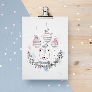 Affiche aquarelle animaux pour enfants - Carte décorative - Illustration aquarelle - Décoration chambre - Ours - Ourson - Oiseau