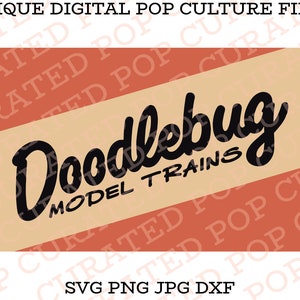 Op de afbeelding: Een digitale download van een vintage-stijl logo voor een modeltreinbedrijf genaamd "Doodlebug Model Trains". Het logo is in zwart en wit op een beige en oranje achtergrond. De tekst "SVG PNG JPG DXF" staat onderaan de afbeelding.