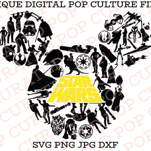 May include: A black and white silhouette of a Mickey Mouse head made up of Star Wars characters and symbols. The words "Star Wars" are in yellow letters in the center of the image. The text "SVG PNG JPG DXF" is at the bottom of the image.