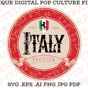 May include: A red, white, and beige circular sticker with the text "Italy" in black, "Pavilion" in black, "La famiglia della patria del cuore" in black, "Since 1982" in black, and "EPCOT World Showcase" in black.