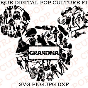 May include: Black and white silhouette of a Mickey Mouse head made up of various Star Wars characters and symbols. The word "GRANDMA" is written in a banner across the middle of the head. The image includes the text "SVG PNG JPG DXF".