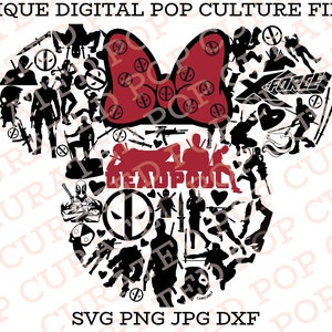 May include: Black and white silhouette of Deadpool in a red bow with the words "Deadpool" and "X-Force" in the design.