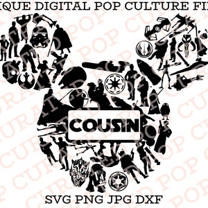 May include: Black and white silhouette of a Mickey Mouse head made up of various Star Wars characters and symbols. The word "COUSIN" is written in the center of the head.