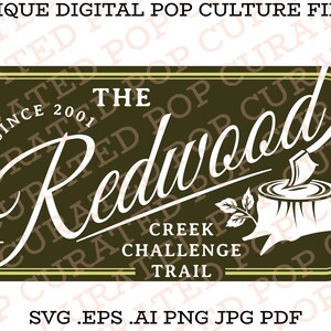 May include: A green rectangular logo with a white border and a white inscription that reads "The Redwood Creek Challenge Trail" with the words "Since 2001" in the upper left corner. The logo also features a white stylized image of a tree stump with an axe sticking into it.