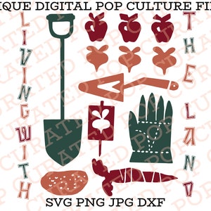 May include: A digital download of a gardening themed design featuring a shovel, trowel, gardening gloves, a carrot, a potato, a turnip, and apples. The design is in shades of green, brown, and red. The text "Living with the Land" is included in the design.