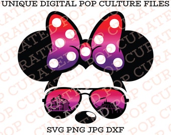 Minnie Mouse Gafas de sol Haunted Mansion Foolish Mortals Halloween Space Mountain Rocket Espacio exterior Star Tours Amusement Park Ride Archivo SVG