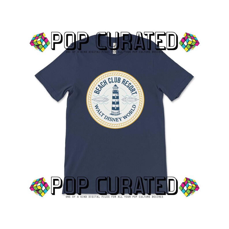 May include: A navy blue t-shirt with a white and yellow circular graphic of a lighthouse with the text "Beach Club Resort Walt Disney World".