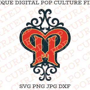 Può includere: Una lettera "P" stilizzata rossa e gialla con un fiocco decorativo, su uno sfondo bianco. Il testo "SVG PNG JPG DXF" è sotto la lettera. Il testo "UNIQUE DIGITAL POP CULTURE FILES" è ripetuto in diagonale attorno alla lettera.