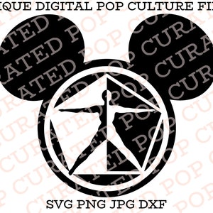 May include: Black and white silhouette of a stylized human figure with outstretched arms inside a circle with a five-pointed star. The design is inside a black Mickey Mouse ear shape. The text "SVG PNG JPG DXF" is below the design.