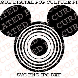 May include: Black and white silhouette of Mickey Mouse's head with concentric circles in the center. The text "SVG PNG JPG DXF" is below the image.