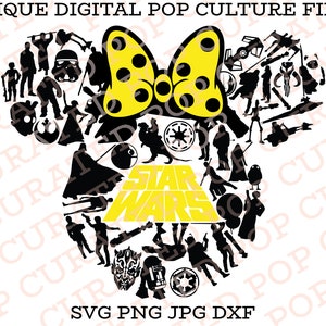 May include: A black and white silhouette of a Mickey Mouse head with a yellow bow. The silhouette is made up of various Star Wars characters and objects, including Darth Vader, Yoda, R2-D2, and the Millennium Falcon. The text "Star Wars" is written in yellow letters across the center of the image.