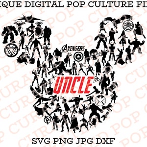 Peut inclure: Silhouette noire et blanche de divers personnages Marvel disposés en forme de tête de Mickey Mouse. Le mot "UNCLE" est écrit en lettres rouges au centre de l'image. Le texte "SVG PNG JPG DXF" est écrit en lettres noires en bas de l'image.