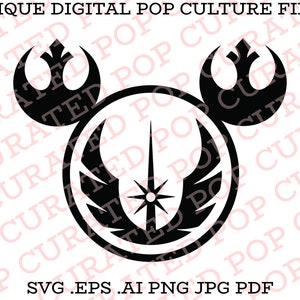 Op de afbeelding: Zwarte en witte silhouet van een Mickey Mouse-hoofd met het Star Wars Rebel Alliance-symbool op elk oor. De tekst "SVG .EPS .AI PNG JPG PDF" staat onderaan de afbeelding.