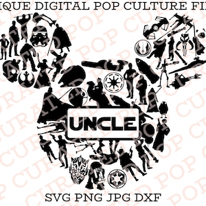 May include: A black and white digital file featuring a silhouette of a famous character's head, composed of various Star Wars characters and symbols. The word "UNCLE" is in a white rectangle. Text at the top reads "UNIQUE DIGITAL POP CULTURE FILES".