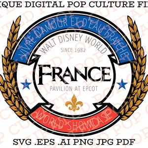 May include: A blue and red circular logo with a white background. The logo features the text "VIVRE D'AMOUR ET D'EAU FRAICHE" in a blue banner, "WALT DISNEY WORLD" in a black banner, "FRANCE" in a black banner, "PAVILION AT EPCOT" in a black banner, and "WORLD SHOWCASE" in a red banner. The logo is surrounded by two golden wheat stalks.