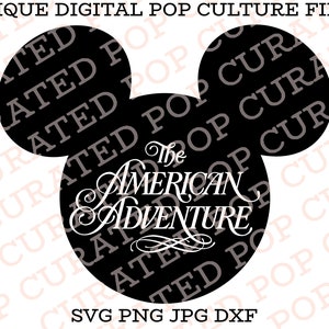 May include: Black and white silhouette of Mickey Mouse's head with the text "The American Adventure" in a white cursive font.