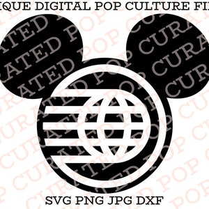 May include: Black and white digital file featuring a Mickey Mouse head silhouette with a globe design inside. The text "UNIQUE DIGITAL POP CULTURE FILES" and "SVG PNG JPG DXF" are also included.