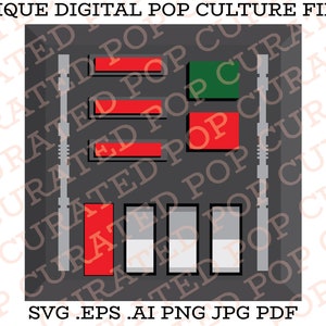 May include: A black and gray control panel with five buttons. The buttons are red, green, and white. The panel has a vertical line down the center. The text "SVG .EPS .AI PNG JPG PDF" is at the bottom of the panel.