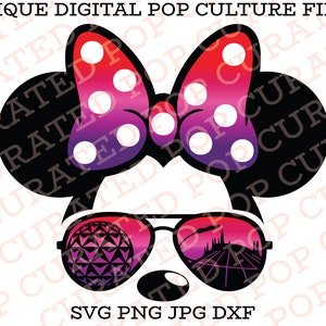 May include: Black and white silhouette of Mickey Mouse ears with a pink, red, and purple bow with white polka dots. The ears are wearing sunglasses with a purple and pink gradient. The left lens shows a purple and pink geometric design and the right lens shows a purple and pink silhouette of the Epcot Spaceship Earth.