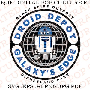 Puede incluir: Un logotipo circular en blanco y negro con el texto "Droid Depot Galaxy's Edge Disneyland Park" y una ilustración azul y blanca de R2-D2 en el centro.