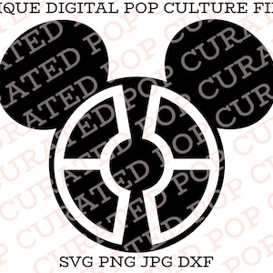 May include: Black and white silhouette of Mickey Mouse ears with a target symbol in the center. The text "SVG PNG JPG DXF" is below the image.