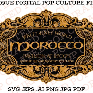 May include: A black and gold sign with ornate detailing, featuring the text "Walt Disney World Morocco Pavilion at Epcot Adventure and Mystery Await You".