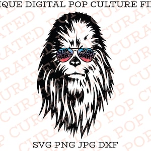 May include: A black and white illustration of a character from Star Wars wearing sunglasses with the words "Star Wars" printed on the lenses. The character has a furry face and a beard.
