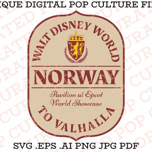 May include: A beige and red sign with the text "Walt Disney World" and "Norway" in a red banner. The sign also includes the text "Pavilion at Epcot World Showcase" and "To Valhalla". The sign features a crest with a lion and a crown.