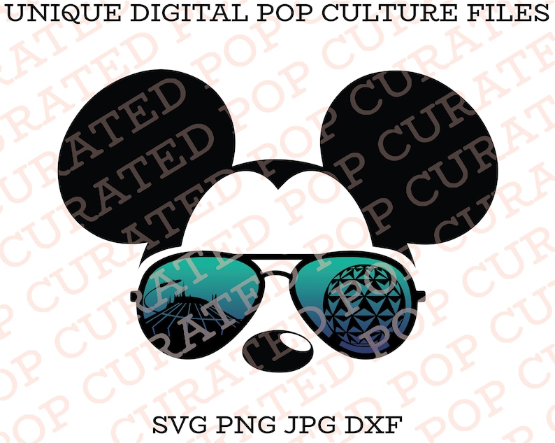 Puede incluir: Silueta en blanco y negro de Mickey Mouse con gafas de sol. Las gafas de sol reflejan una imagen azul y verde de un edificio y una esfera. El texto "SVG PNG JPG DXF" est&aacute; en la parte inferior de la imagen.