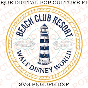 May include: A yellow and blue circular logo with a lighthouse, boats, and the text "Beach Club Resort Walt Disney World".