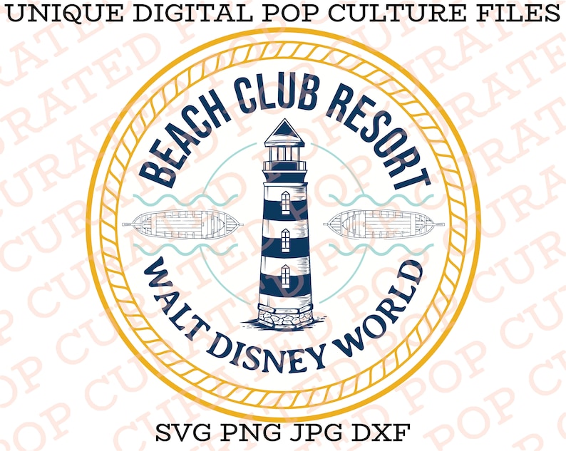May include: A yellow and blue circular logo with a lighthouse, boats, and the text "Beach Club Resort Walt Disney World".