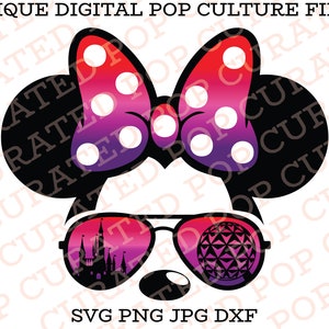 May include: A black and white silhouette of Mickey Mouse wearing sunglasses with a pink and purple bow. The sunglasses have a reflection of a castle and a sphere in the lenses. The text "SVG PNG JPG DXF" is at the bottom of the image.