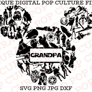 May include: Black and white silhouette of a Mickey Mouse head made up of various Star Wars characters and symbols. The text "GRANDPA" is in a banner across the middle of the head.